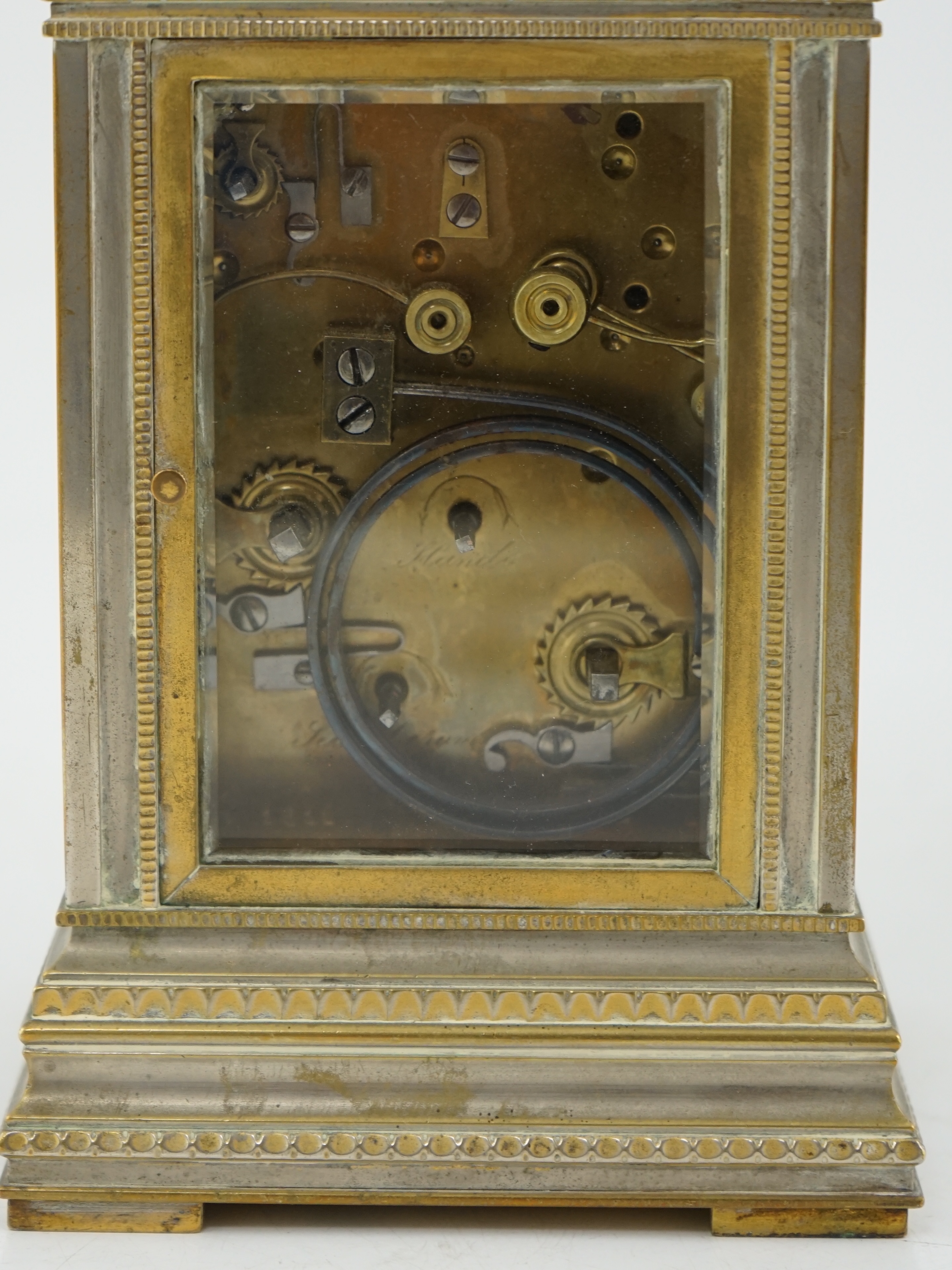 An early 20th century French silvered brass grand sonnerie alarum carriage clock
